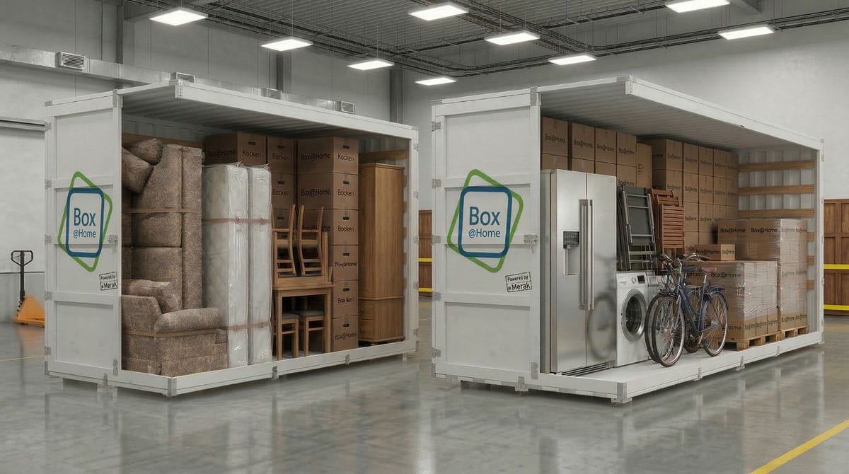 Zijaanzicht van een witte 2XL en een langere 3XL Box@Home opslagcontainer in een magazijn, beide volledig gevuld met meubels en verhuisdozen.