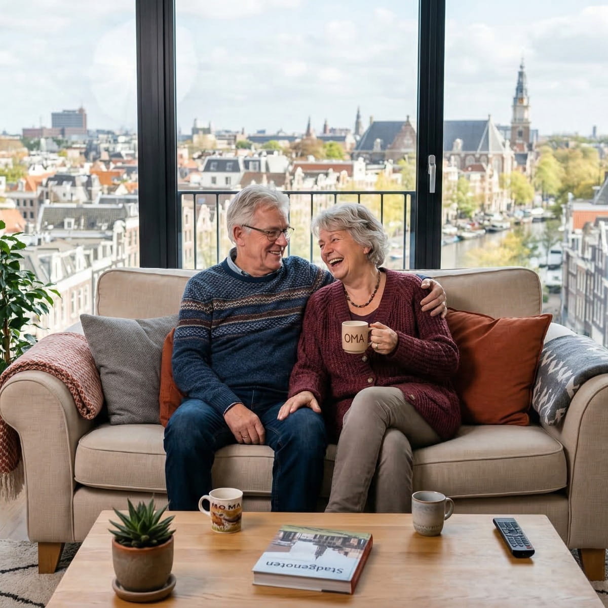 Un couple de personnes âgées heureux sur le canapé d'un appartement confortable avec vue sur la ville.