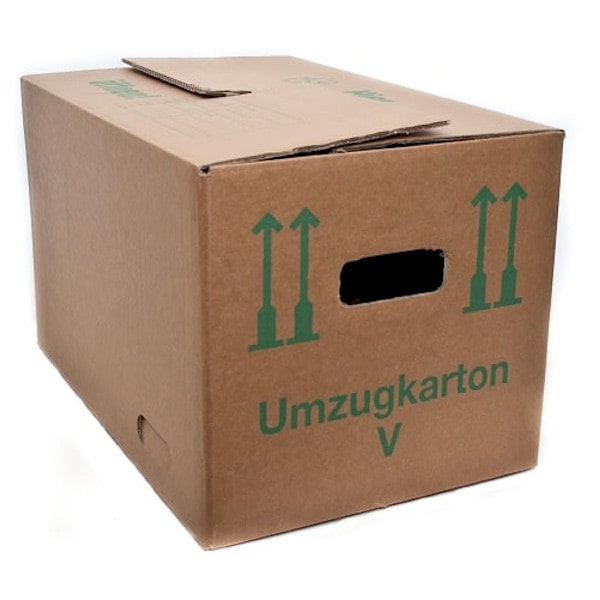 Une boîte de déménagement en carton avec des poignées découpées.